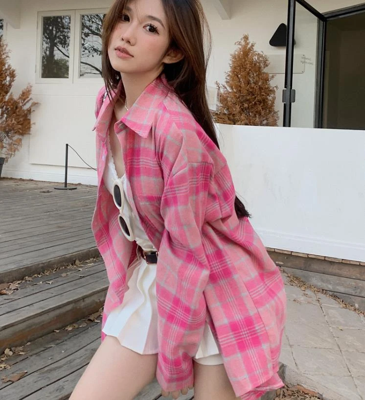 格子外搭女小众港味宽松衬衫休闲百搭设计感长袖薄款衬衫外穿外套