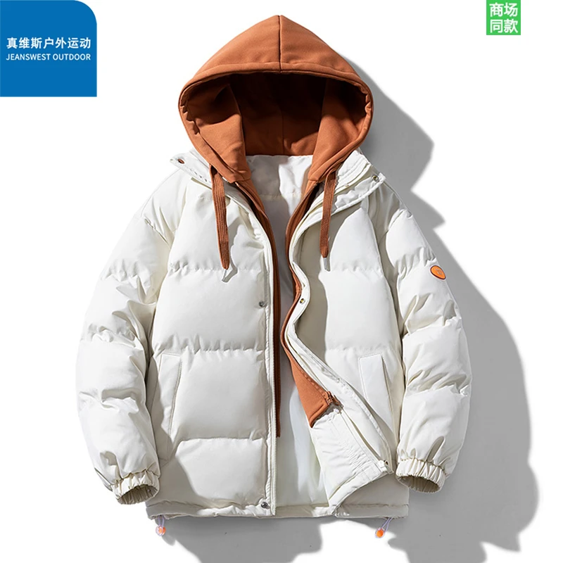 真维斯户外运动保暖棉服男女款冬季连帽假两件加厚棉衣百搭面包服