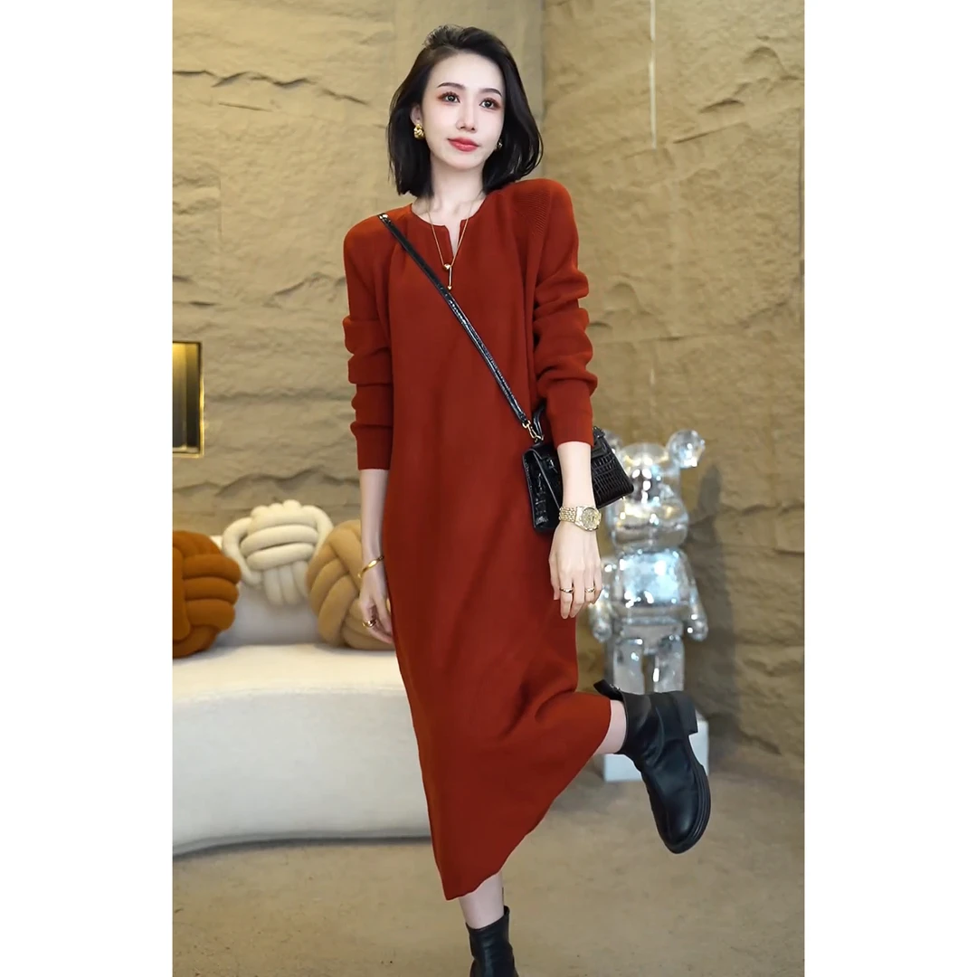 欧颍昇2024轻奢小众高级感裙子女款气质服装针织长袖连衣裙6954