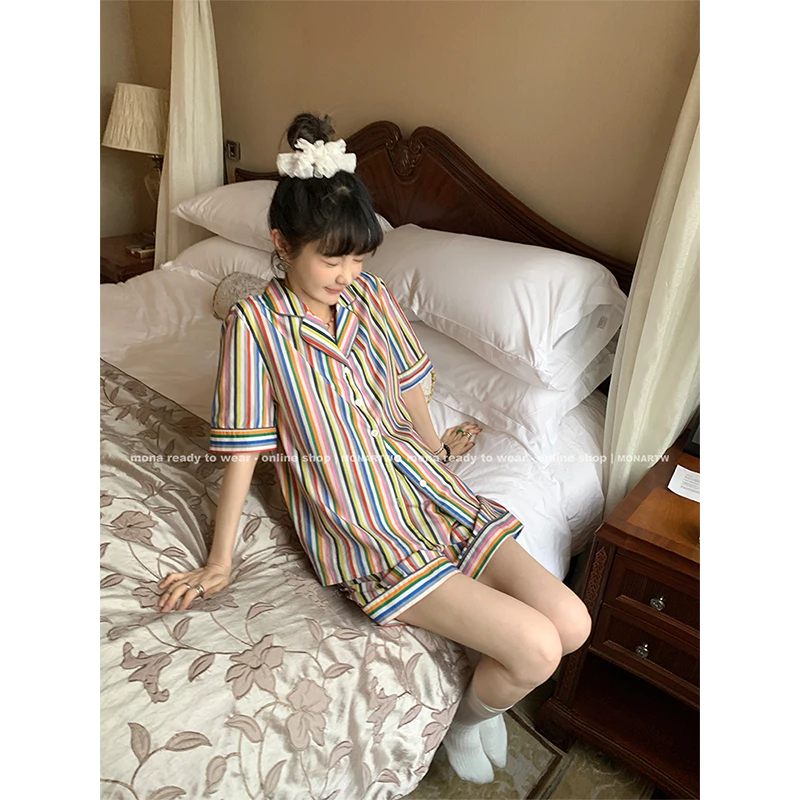 【Mona张绮贤】MONA100棉宽松条纹睡衣居家套装女 OA343309