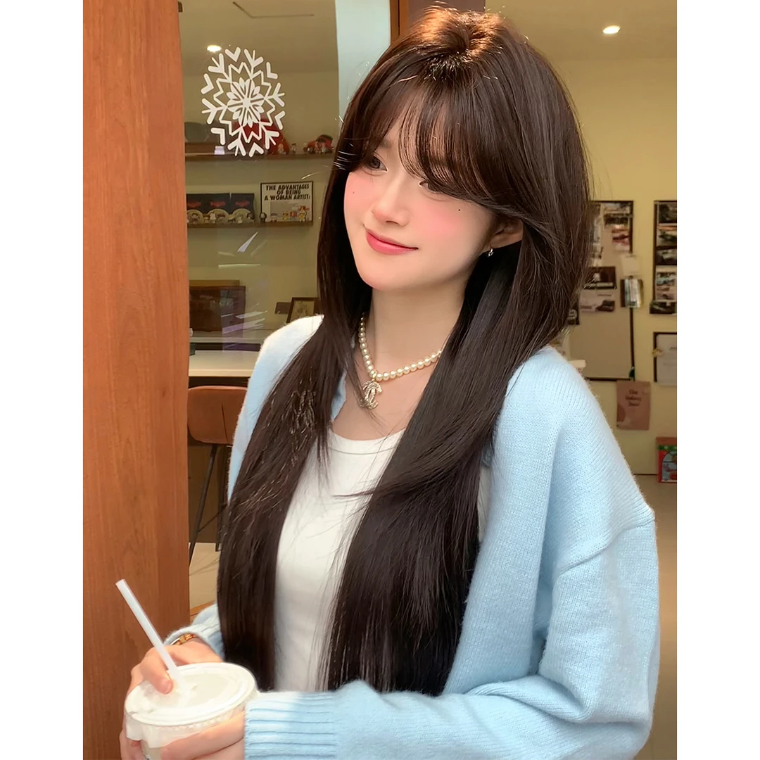 告白气球束朵假发女长直发自然气质网红日常逼真甜美齐刘海全头套