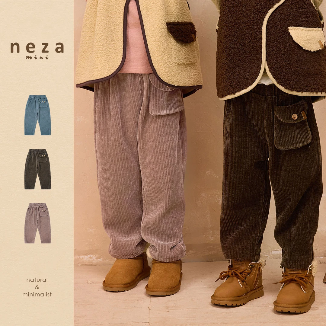 neza mini儿童灯芯绒休闲裤男女童冬季保暖加厚宽松外穿纯色长裤