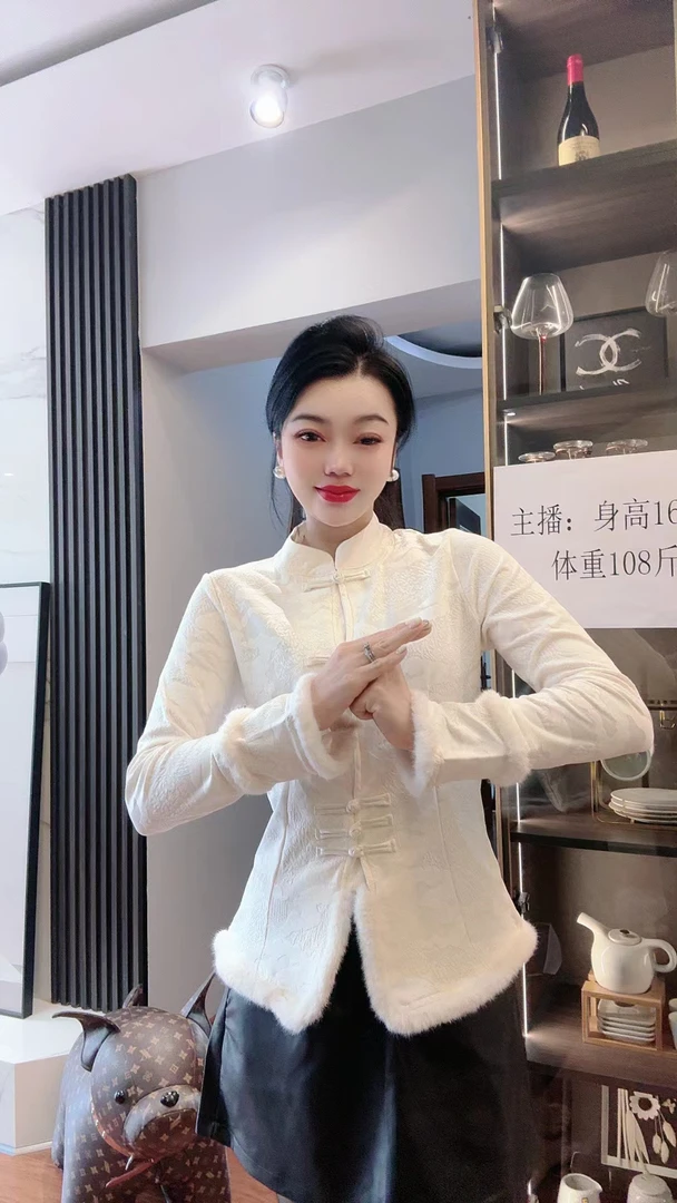 89127国风中式复古提花拼接毛毛磨毛盘扣女秋冬旗袍式上衣-衣长65