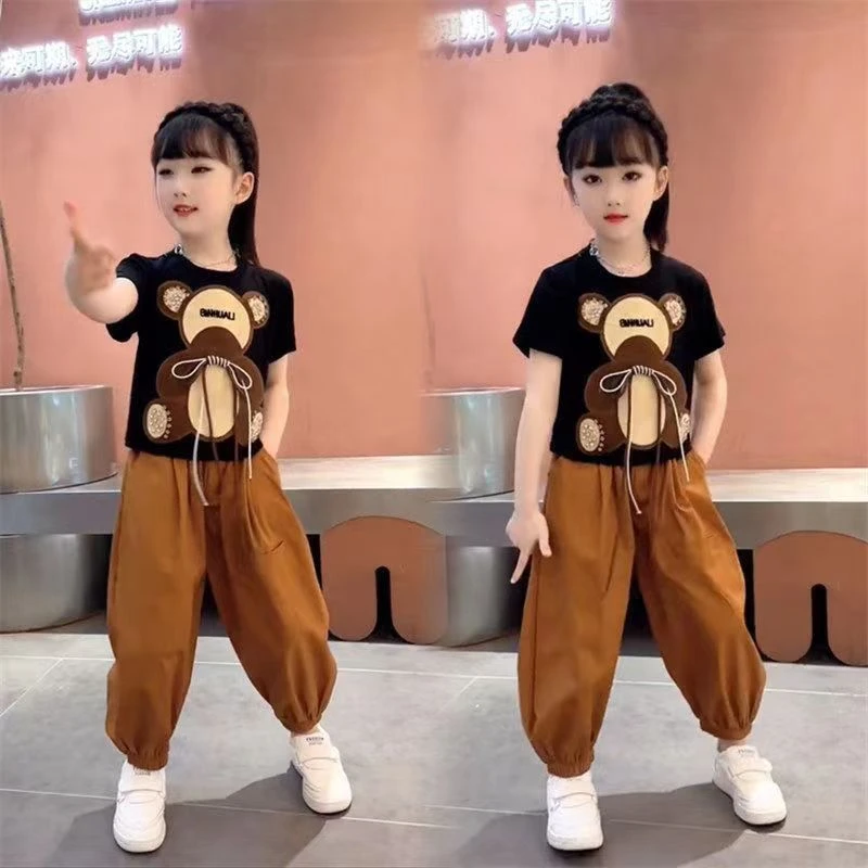 新款潮流女童夏装套装洋气卡通小熊韩版时髦大童宽松阔腿裤套装