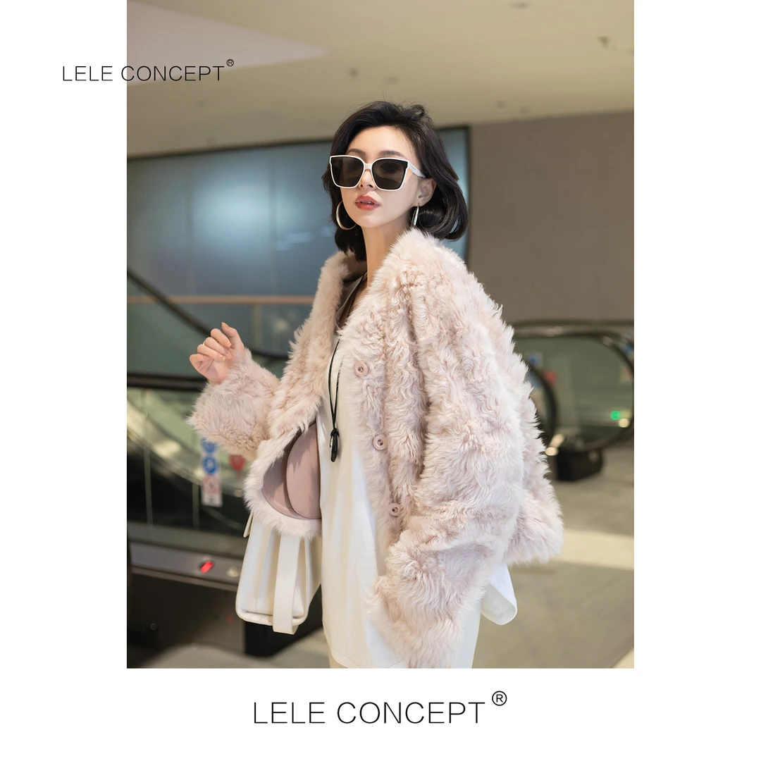 LELE CONCEPT｜「如一」冬无领轻奢优雅短款粉托卡皮毛一体外套Y0490
