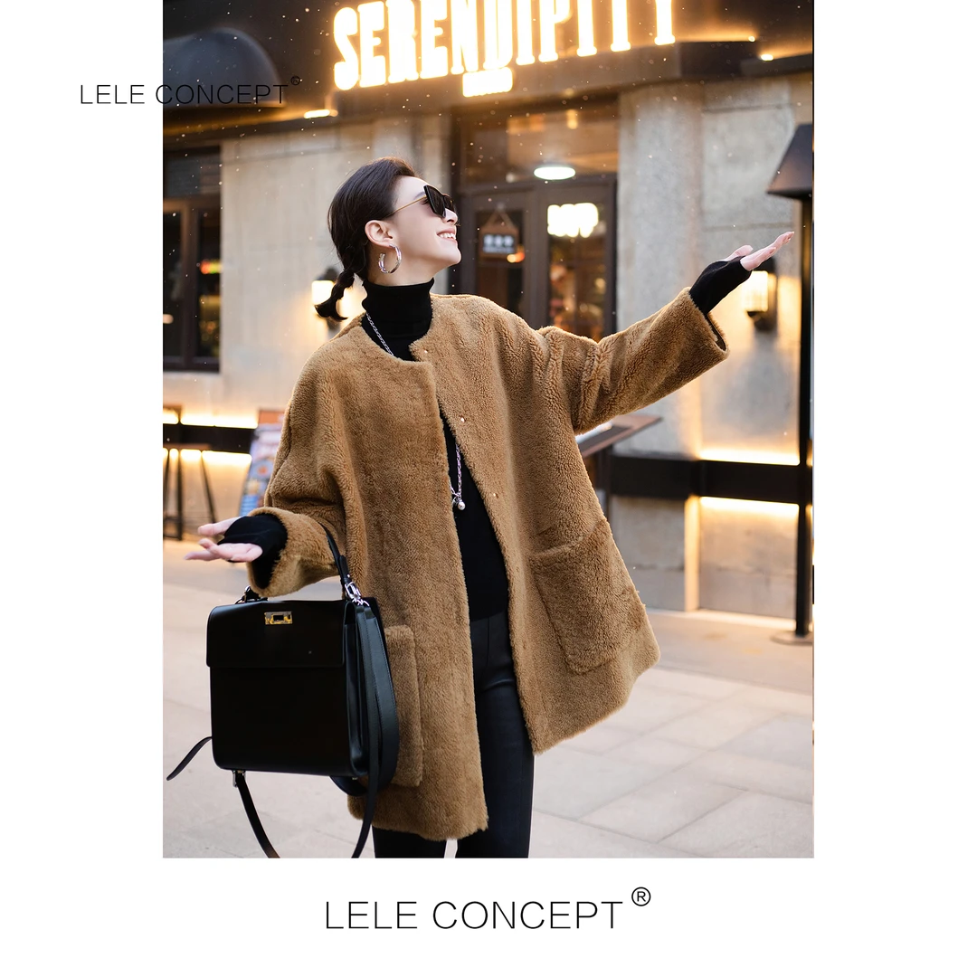 LELE CONCEPT｜「如一」秋都市轻奢气质无领双兜皮毛一体外套Y0496