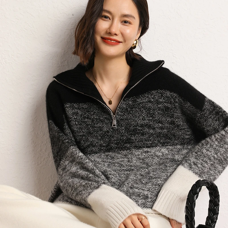 渐变撞色半拉链羊绒针织衫女时尚套头毛衣