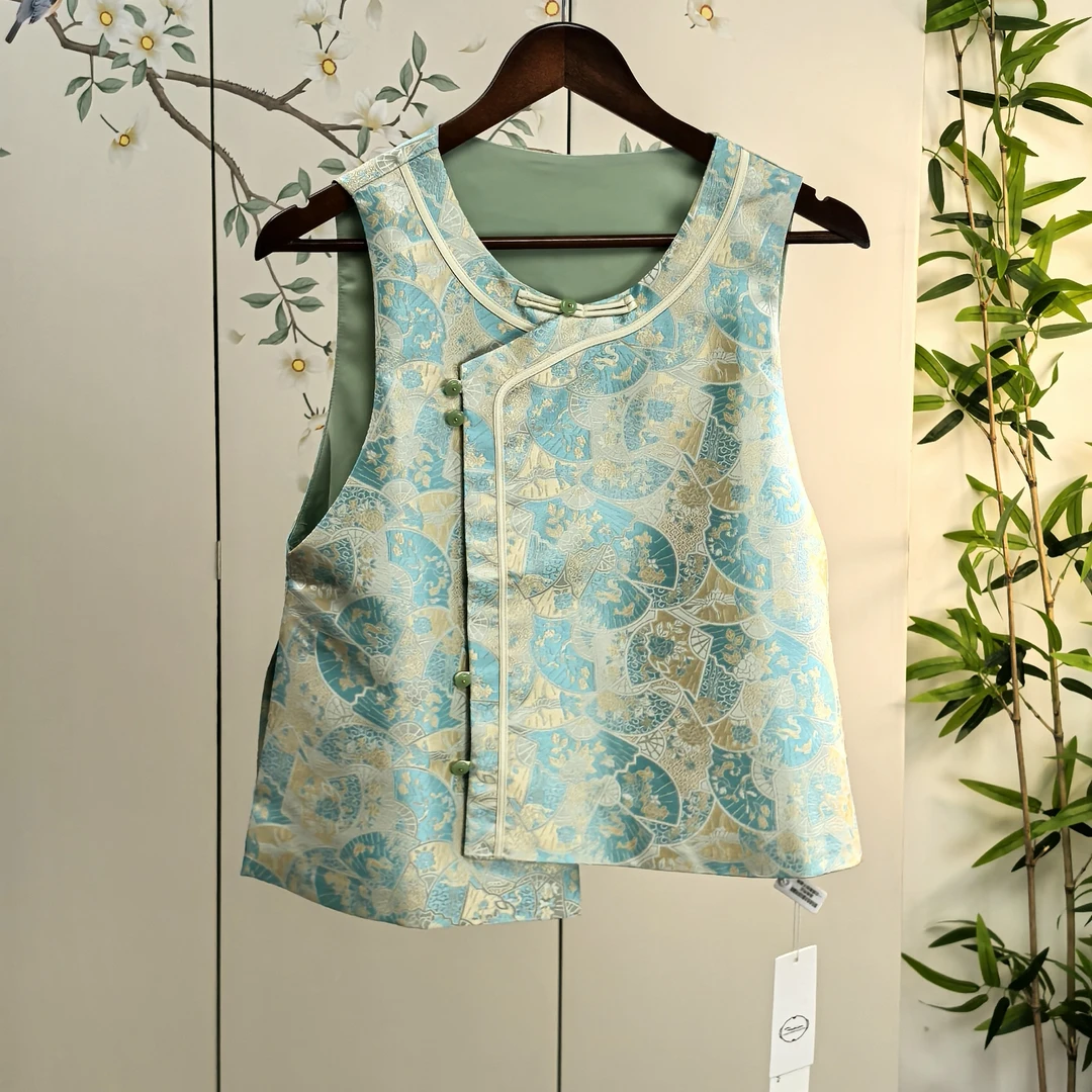 【玄裳】桑蚕丝新中式马甲百搭国风织花提花重工百搭袖上衣MJ208