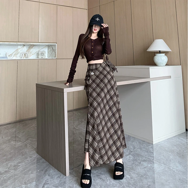 设计感不规则美拉德格子半身裙女秋冬款气质复古显瘦毛呢A字长裙