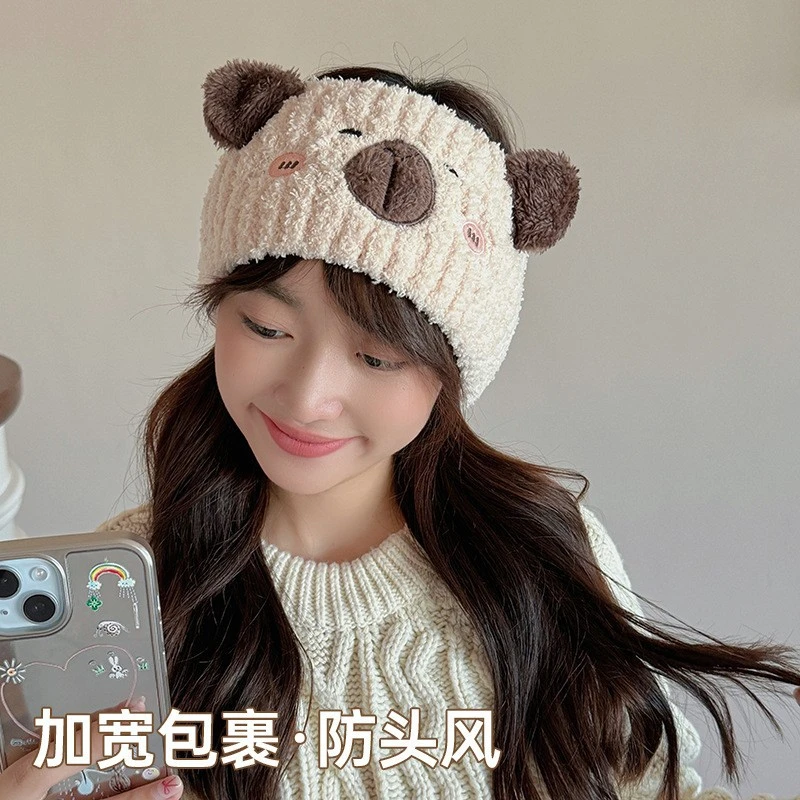 秋冬日系可爱熊猫宽束发带产妇头巾月子头套防寒毛绒绒月子发带女
