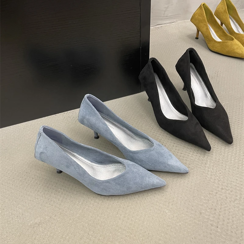 法式绒面V口尖头细跟单鞋女2024春秋新款百搭高跟浅口通勤工作鞋