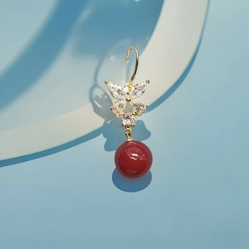 铜合金耳饰 （412号）蝴蝶红色珠珠耳钩时尚设计耳环