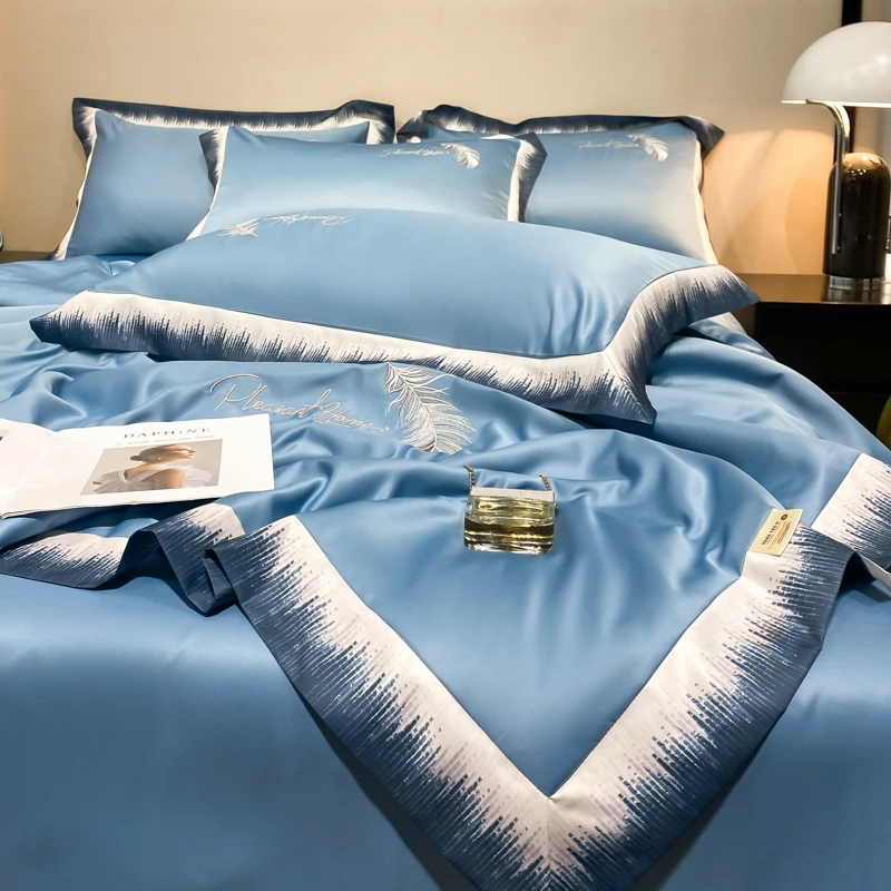 轻奢纯色冰丝夏凉被四件套刺绣可机洗夏被空调被薄款床上夏天被子