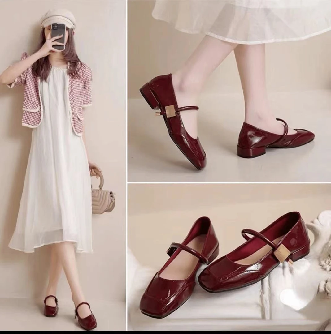 LP0724玛丽珍鞋女鞋单鞋百搭低跟红色粗跟方头漆皮法式一字带707