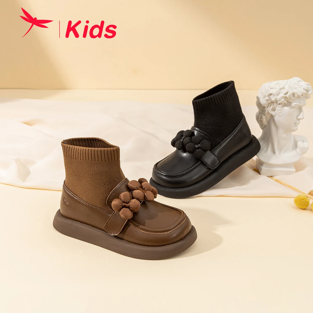 红蜻蜓女童针织袜靴冬季加厚保暖新款皮靴英伦复古套脚马丁靴棉靴