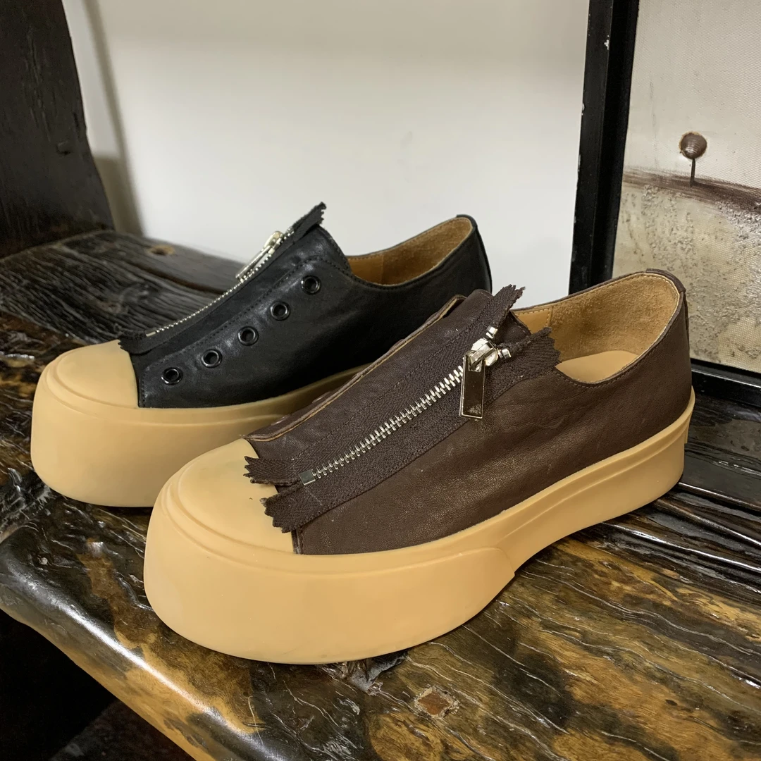 【九津】马皮复古女鞋经典款女士拉链非对称设计潮流圆头休闲女鞋