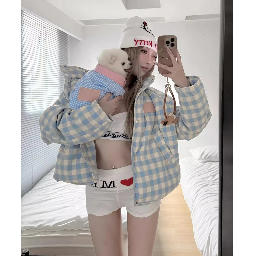 美式辣妹蓝白格子立领棉服冬季外套女2024新款休闲加厚设计感棉袄
