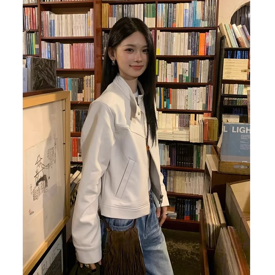 辣妹风白色短款皮衣外套女24秋季时髦复古休闲百搭宽松夹克上衣潮