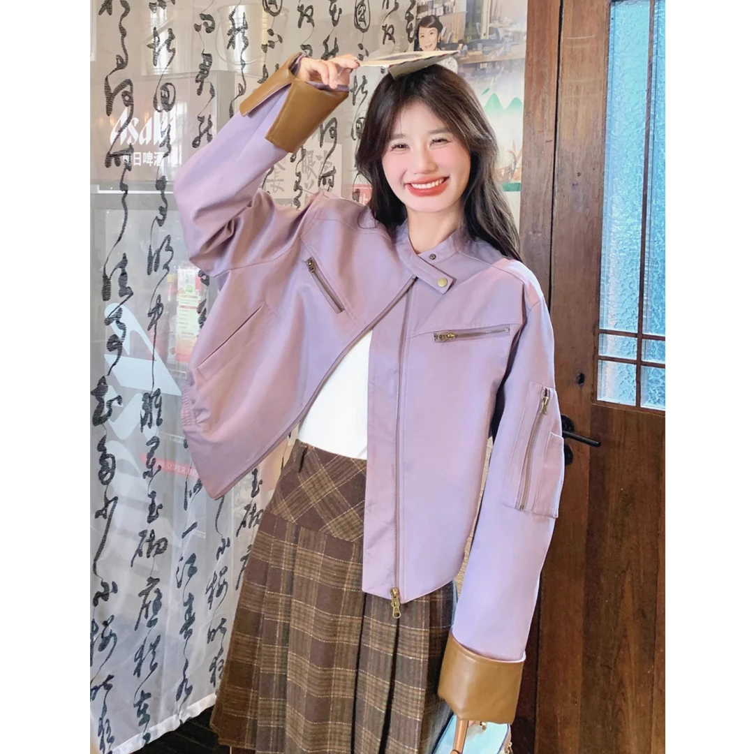紫色撞色拼接夹克立秋外套女款2024新款设计感机车风宽松短款上衣