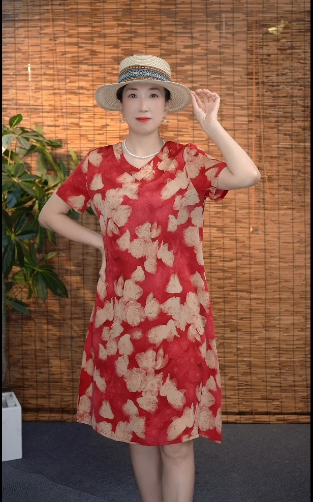2413号夏季时尚显瘦气质短袖妈妈装中老年宽松大码百搭透气连衣裙