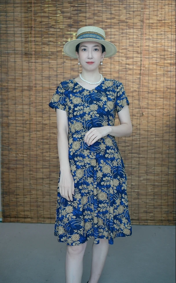 3173夏季中老年大码休闲时尚气质显瘦宽松女装舒适妈妈装连衣裙