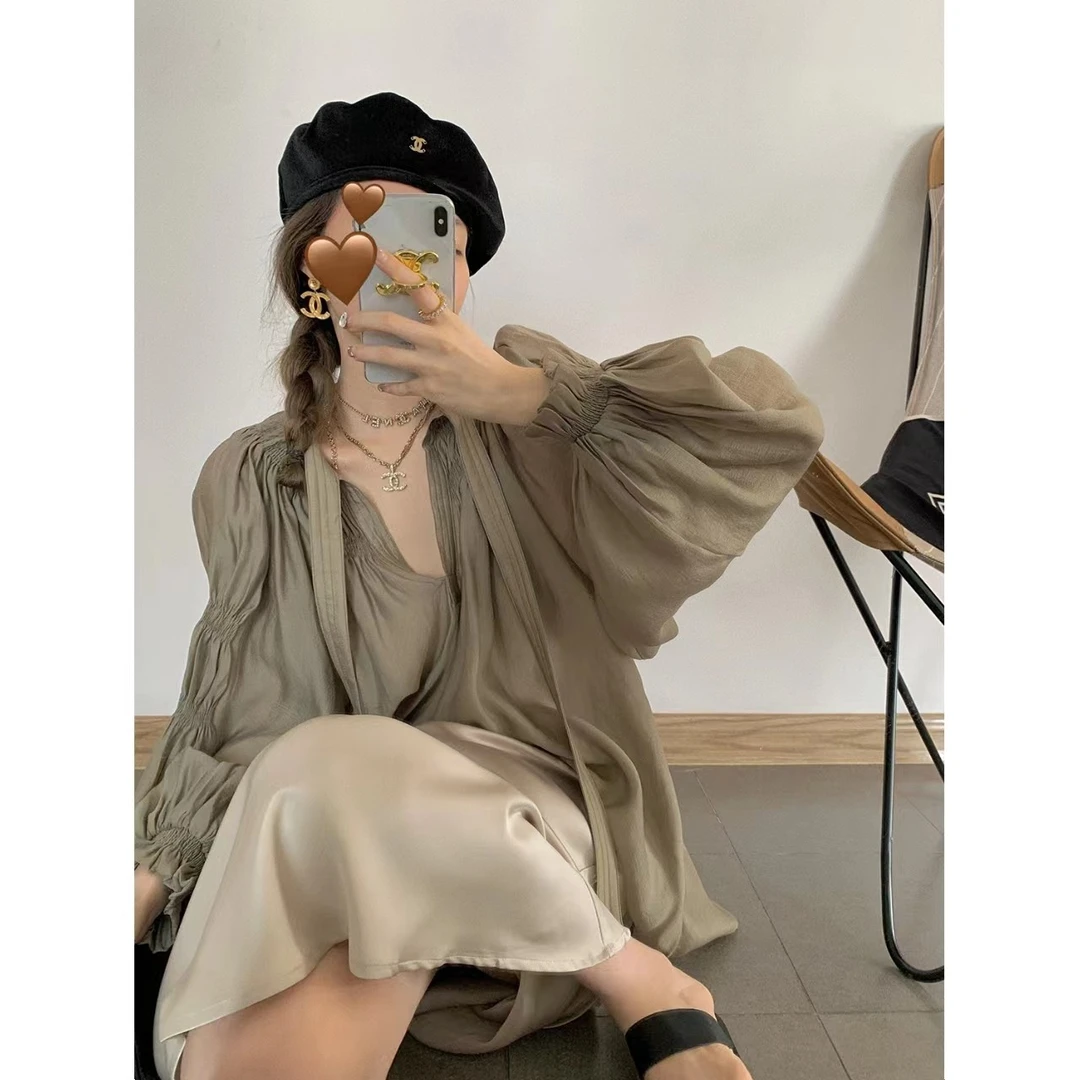 【树屿清风】法式仙气褶皱花袖系带衬套衫长袖-5161