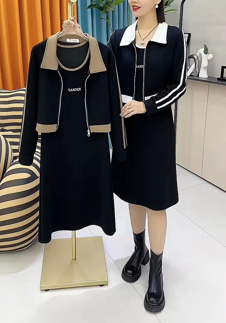 2023秋季爆款洋气时尚拼色短外套+字母中长款连衣裙高档两件套