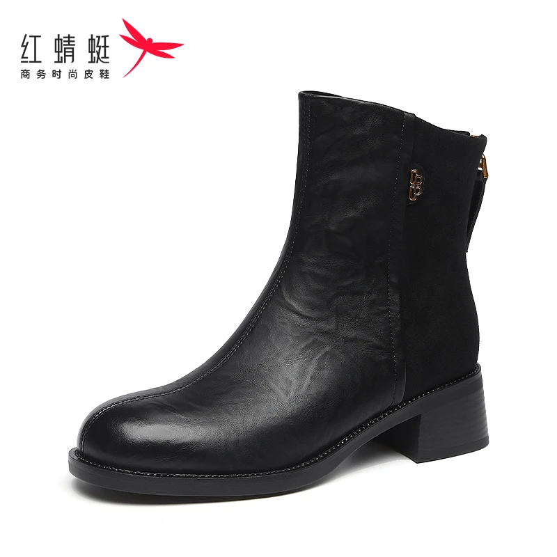 红蜻蜓2025秋冬新款女手抓纹弹力靴加绒保暖时尚百搭中跟