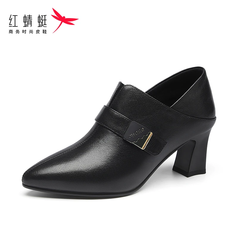 红蜻蜓黑色踝靴2025新款秋季粗跟小皮鞋深口女士可脚踩方跟高跟鞋