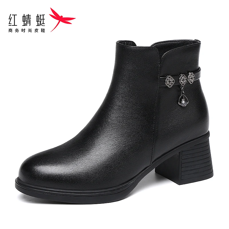 红蜻蜓冬季女鞋粗跟高跟靴子女短靴棉靴真皮加绒保暖妈妈棉鞋皮靴