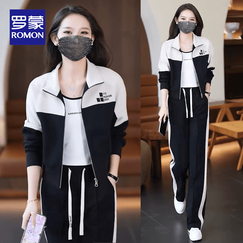 Romon/罗蒙时尚休闲运动套装女2023春秋季新款洋气减龄开衫两件套