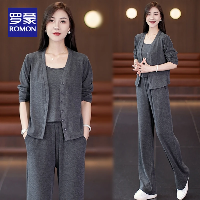 Romon/罗蒙针织套装秋季2024新款时尚气质显瘦减龄休闲三件套女装