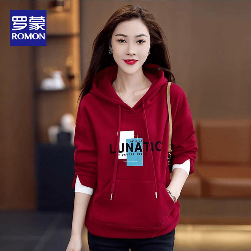 Romon/罗蒙加绒J加厚卫衣2023冬款宽松百搭运动休闲保暖印花上衣