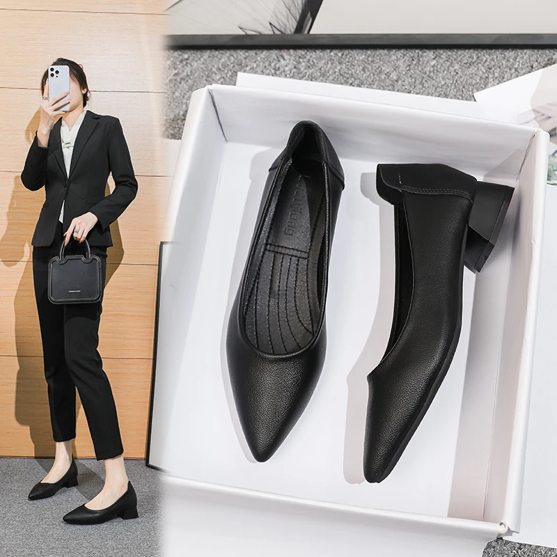 久站不累妈妈鞋上班不累脚女鞋空姐工作鞋黑色皮鞋女款尖头单鞋女
