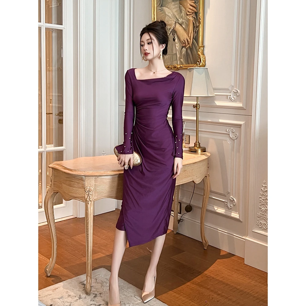 法式修身显瘦连衣裙女秋冬新款气质紫色长袖内搭性感宴会礼服裙子