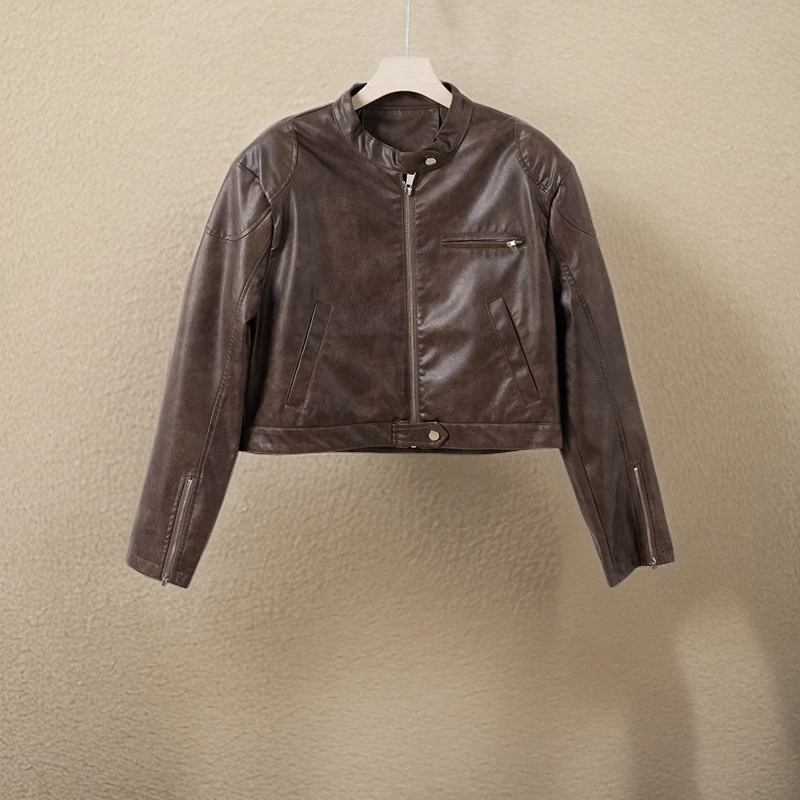 A42时尚立领外套，上身立有型百搭休闲皮衣机车风