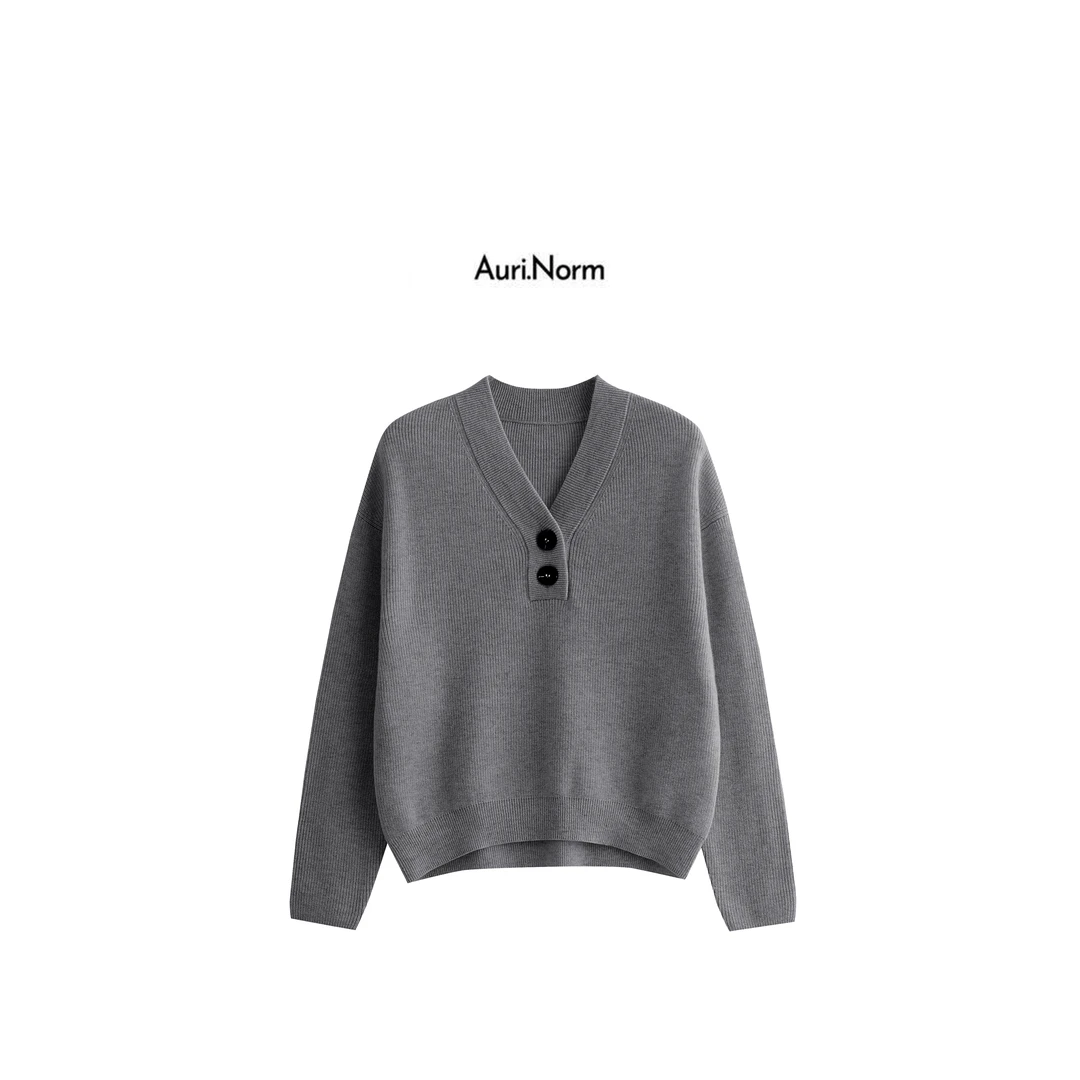 Auri.Norm秋冬经典简约灰色V领双扣羊绒衫小众设计师特别款