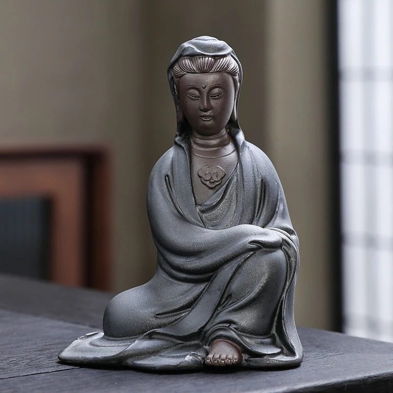 【珅岚】精品小观音茶宠摆件手工创意书房茶室摆设紫砂自在观音摆件