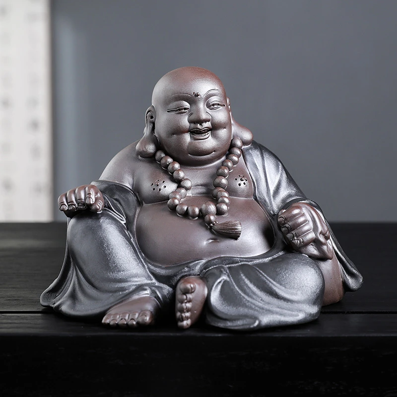 精品弥勒佛手工创意笑佛家用中式车载茶室摆设紫砂茶宠摆件可养