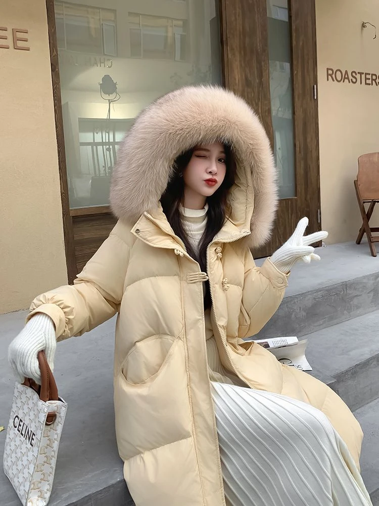 波司澄羽绒服羽绒服女2024年冬季名媛大毛领长款过膝宽松超厚白鸭