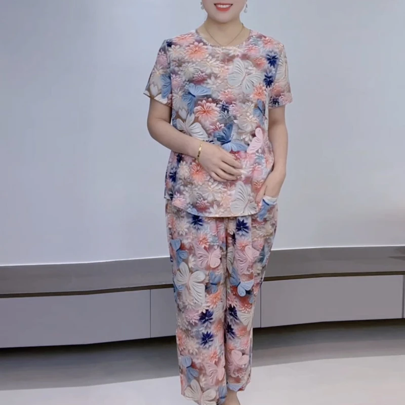 [上衣+裤子]时尚休闲夏季宽松显瘦大码洋气薄款绵绸套装中老年