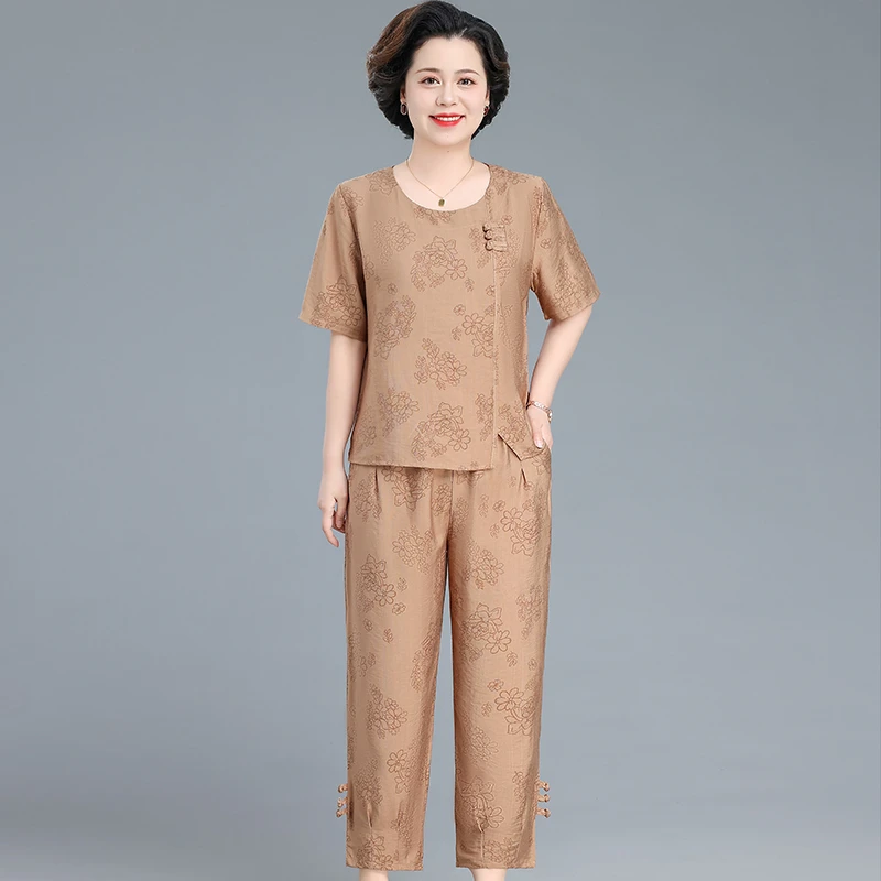 时尚洋气印花薄款妈妈装夏季宽松休闲大码套装复古中国风