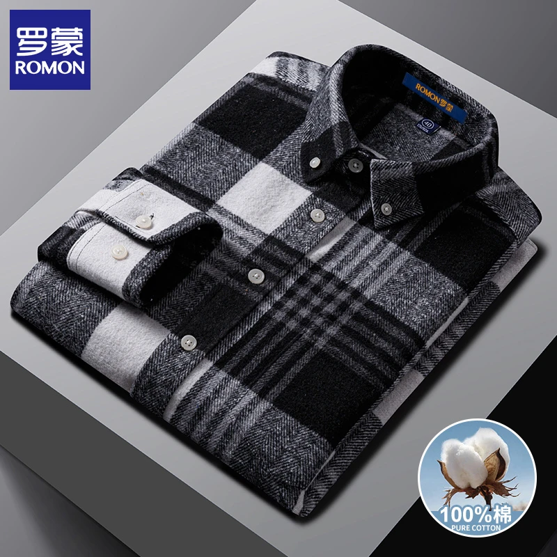 罗蒙春秋季男士纯棉磨毛加厚格子衬衫休闲时尚宽松大码长袖衬衣男