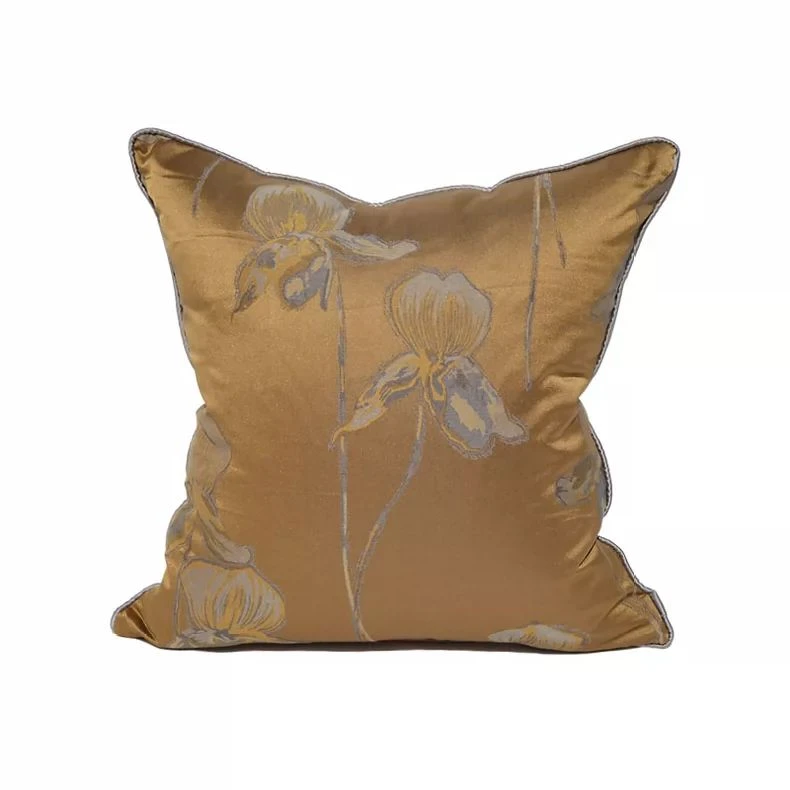 棕黄绸缎提花方枕现代简约中式靠枕样板间沙发客厅靠背靠垫抱枕套