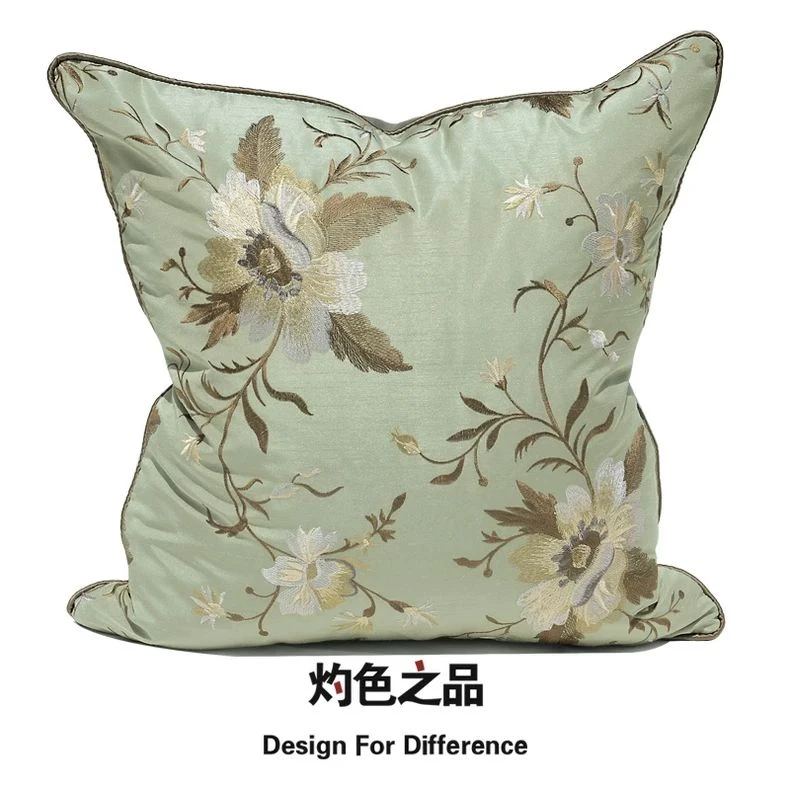 灰绿绣花图案简约现代新中式美式沙发样板房大抱枕靠枕靠垫不含芯