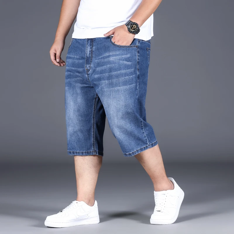 夏季薄款弹力大码男士牛仔短裤宽松直筒加肥加大百搭七分男裤子潮