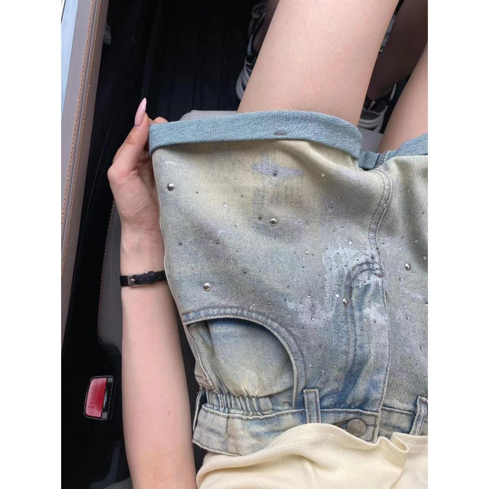 美式复古烫钻牛仔短裤女夏薄款大码胖高腰遮胯卷边字阔腿热裤