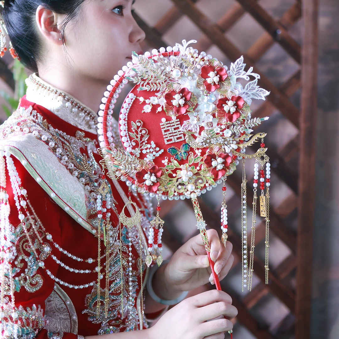 古风新娘结婚红色重工双面扇搭配秀禾服婚礼遮面成品扇DIY材料包