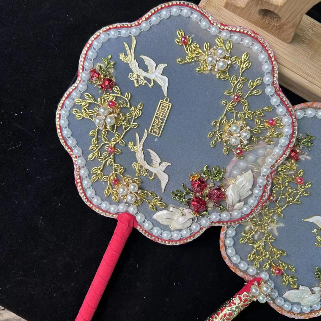 铁合金仿珍珠婚庆饰品 婚礼喜扇 礼品团扇 特价9.9