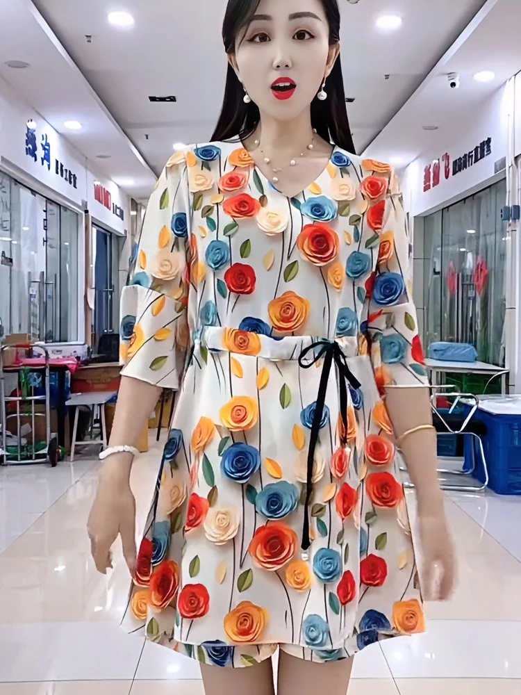 彤丽连衣裙短裤套装女2024夏季薄款宽松显瘦洋气减龄玫瑰花两件套